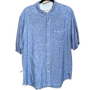 Tommy Bahama 100% linen denim blue short sleeve shirt Sz L